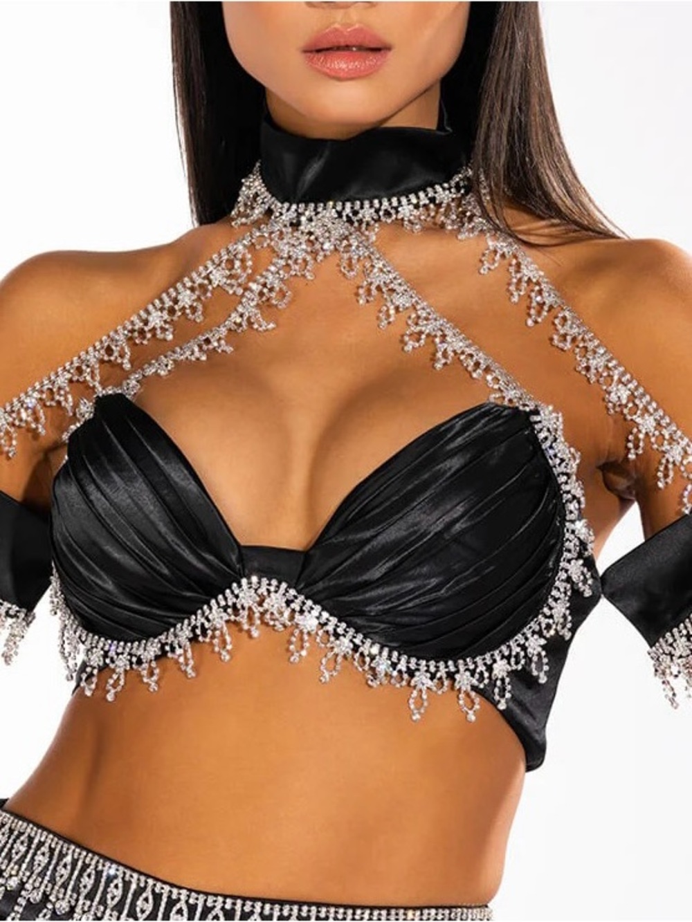 AKIRA Black Satin Bra Top with Crystal Fringe